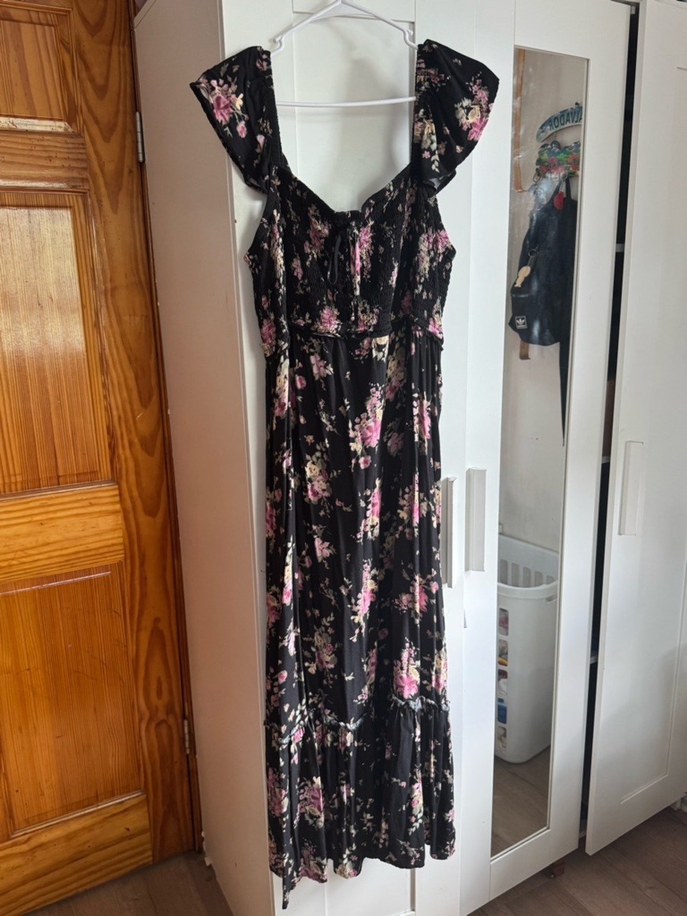 Arizona Jean Company Black Maxi Dress with Pink and Cream Floral Accents
